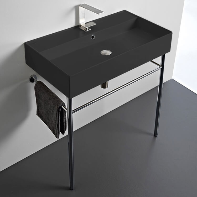 Bathroom Sink, Scarabeo 8031/R-80-49-CON-One Hole, Matte Black Ceramic Console Sink and Polished Chrome Stand
